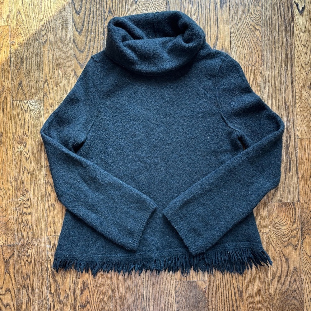 Anthropologie Moth Black Cowl Neck Fringe Hem Sweater | XS